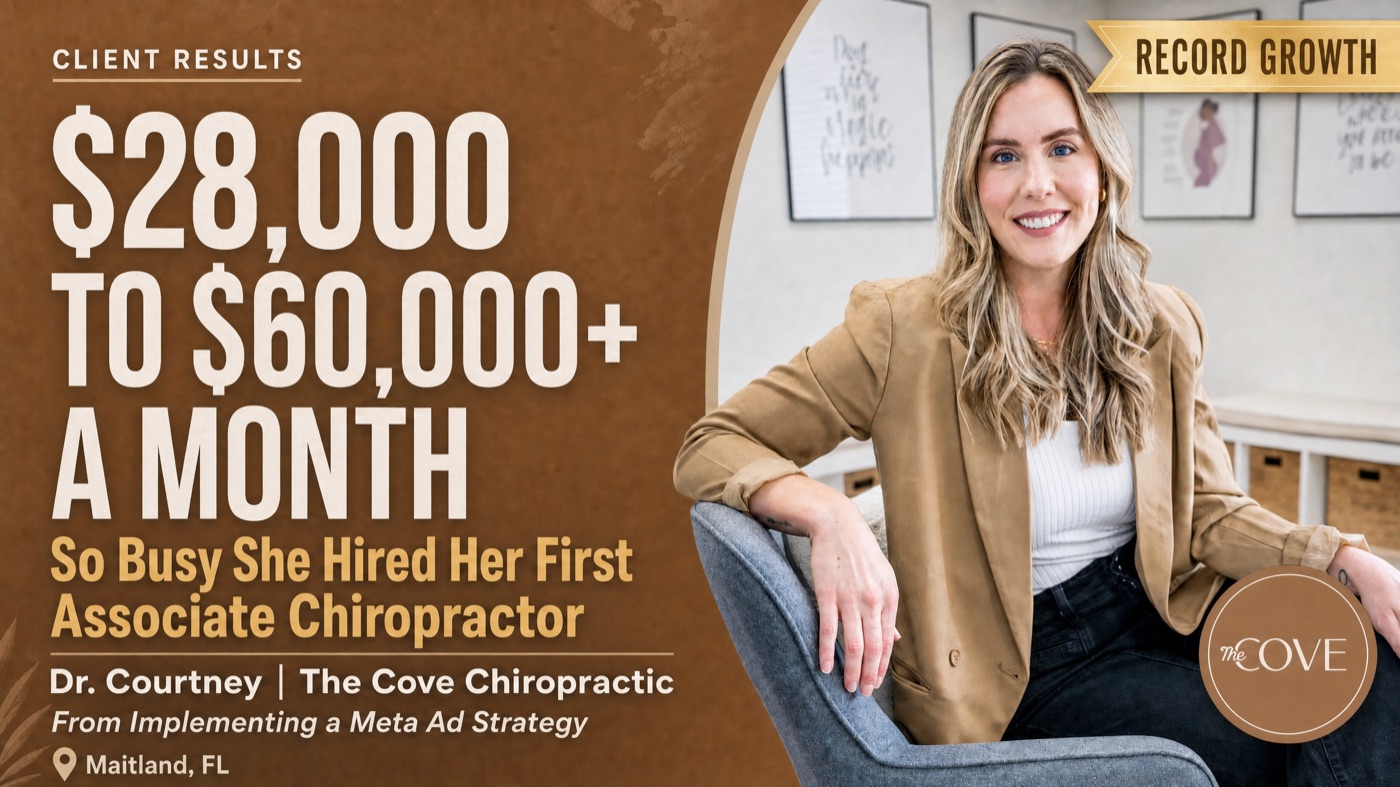 Dr. Courtney of The Cove Chiropractic, Maitland, FL: $28,000 to $60,000+ a month, so busy she hired her first associate chiropractor